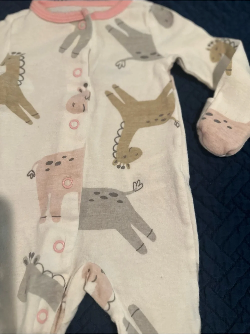 Carter's Cream Giraffe Footed One-Piece Cotton with Pink Trim Newborn